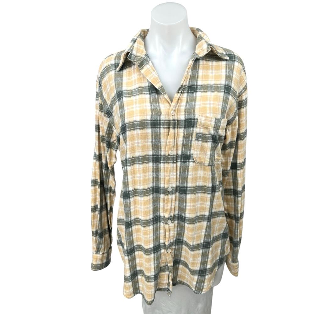 12th Tribe Green Beige Plaid Checkered Flannel Button Down Shirt Blouse Top Sz S - Picture 1 of 4